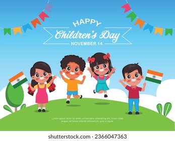 Children's Day in India vector. Indian children with indian flag vector. Children's Day Poster, November 14.