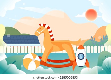 Children's day kids playing outdoors with toys and plants in the background, vector illustration