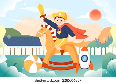 Children's day kids playing outdoors with toys and plants in the background, vector illustration
