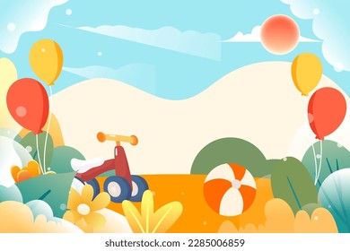 Children's day kids playing outdoors with toys and plants in the background, vector illustration