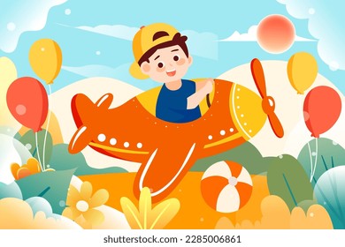Children's day kids playing outdoors with toys and plants in the background, vector illustration