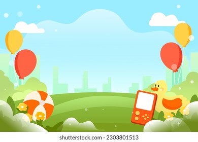 Children's Day, kids playing outdoors with plants and buildings in the background, vector illustration