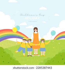 Children's Day.
A kindergarten student and a teacher in a park with a rainbow.