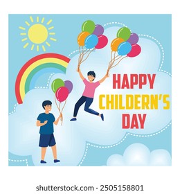 Children's Day. Laughing children fly holding a bunch of balloons in their hands. flat vector modern illustration 