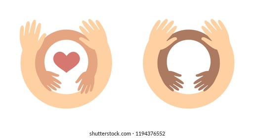 childrens day logo concept - baby hands inside hugging hands - care for children, charity symbol, heart