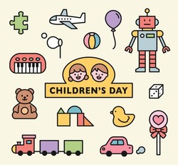 Children's Day Logo And Toys Collection. Flat Design Style Vector Illustration.
