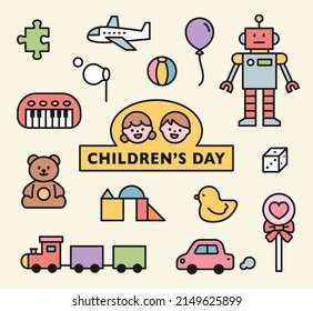 Children's day logo and toys collection. flat design style vector illustration.