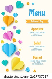 Children's Day Menu Template with Colorful 3D Paper Cut Hearts. Poster or Card For Kids, Birthday, Invitation, Menu, Sale. Modern Trendy Children Background for Holiday, School. Bright Kids.