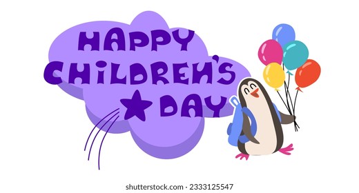 Children's Day with penquine flying colorful balloons on a white background. Vector doodle cartoon kids, planes, ballons poster template. Animal with hand drawn text.