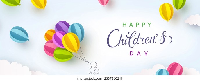 Children's Day postcard with flying balloons bunch and child on blue sky background. Vector 3d paper colorful ballons special cartoon kids poster template
