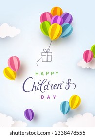 Children's Day postcard with flying balloons bunch and gift box on blue sky background. Vector 3d paper colorful ballons special cartoon kids poster template
