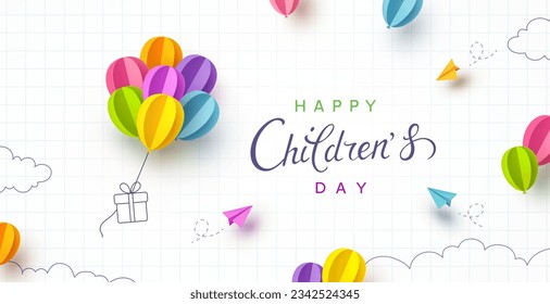 Children's Day postcard with flying balloons bunch and gift box on page background. Vector 3d paper colorful ballons special cartoon kids poster template