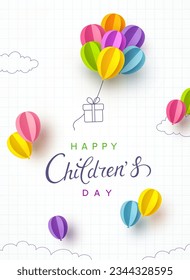 Children's Day postcard with flying balloons bunch and gift box on page background. Vector 3d paper colorful ballons special cartoon kids poster template