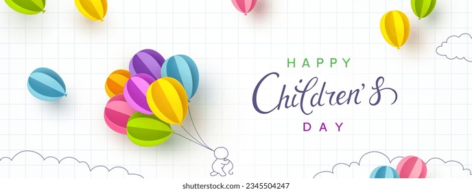 Postal del Día del Niño con globos voladores y niño en el fondo de la página del libro de copias. Vector 3d de papel colorido globos caricatura especial niños patrón de póster