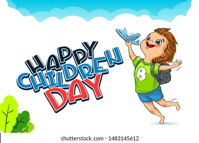 Children's day Poster invitation template. Happy Universal holiday. The cute little boys launches a toy planes. Positive colorful illustration dreams of the sky and flights. Flyer, card. Vector