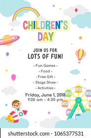 Children's day Poster invitation vector illustration. World of imagination with ferris wheel, rocket and balloons floating above clouds.