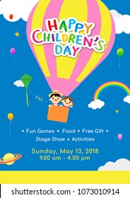 Children's day Poster invitation vector illustration. Kids in hot air balloon floating above clouds.