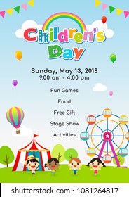 Children's day Poster invitation vector illustration. Kids playing at amusement park.