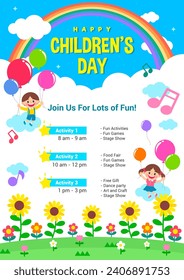 Children's day Poster invitation vector illustration. Child flying in the sky on balloons 