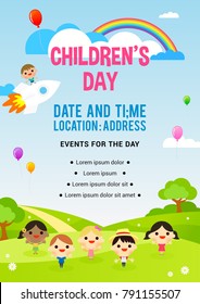 Children's day Poster invitation vector illustration. Kids playing in spring field