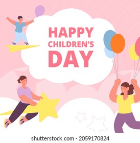 Childrens day poster. Preschool events flyer, kindergarten party banner. Little child flying on balloons and star. Happy kids holiday utter vector card