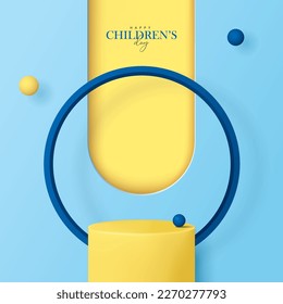 Children's day poster for product demonstration.  Yellow pedestal or podium with balls on blue background.