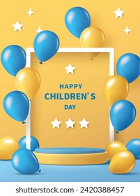 Children's day poster for product demonstration.  Yellow pedestal or podium with balloons on yellow background.