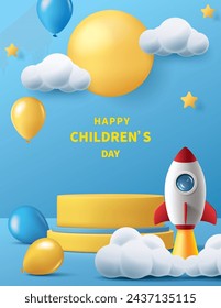 Children's day poster for product demonstration.  Yellow pedestal or podium with rocket and balloons on blue background.