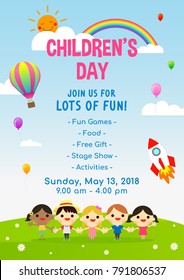 Children's day Poster vector illustration. kids holding hands.