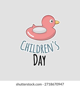 Día del Niño flotador de pato de goma. Etiqueta engomada juguetona del Vector con el anillo inflable rosado del pato y el texto azul, conveniente para las tarjetas de las vacaciones de los niños, la diversión del verano, o los gráficos de la celebración del niño
