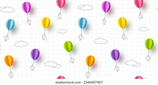 Children's Day seamless pattern with flying balloons and kids on copybook page background. Vector 3d paper colorful ballons special cartoon child birthday template