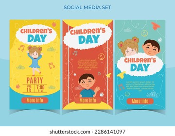 Children's Day social media story set, vector graphic editable, yellow and blue design with boy and girl, stars and hearts