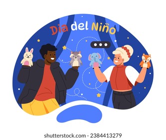 Childrens Day in spanish concept. International traditional holiday and festival. Man and woman with toys at hands. Poster or banner. Cartoon flat vector illustration isolated on white background
