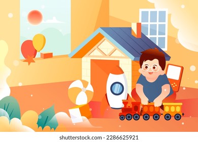Children's Day is still playing with toys indoors, with houses and toys in the background, vector illustration