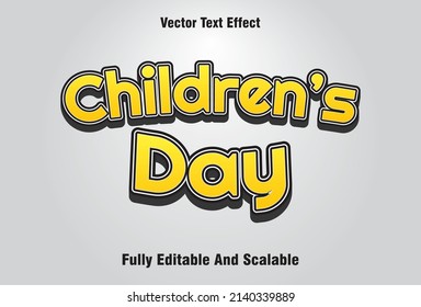 efecto de texto del día de los niños con color blanco y amarillo editable. efectos de texto para plantillas.