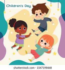 children's day. three kids different nationalities, star yellow background, for children book.
