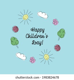 Fondo vectorial del día de los niños. Feliz título del Día del Niño. Inscripción del Día del Niño Feliz.