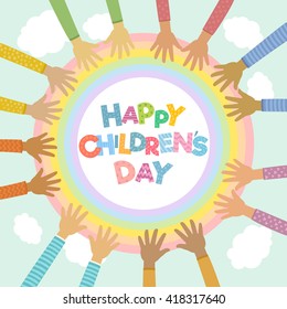 Children's day vector background with rainbow and children's hands of different nationalities. Happy children's day colorful card.
