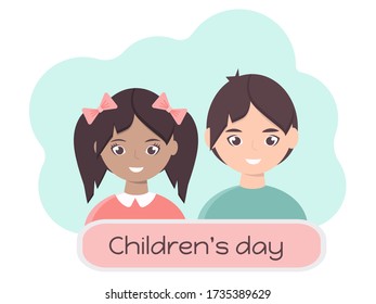 Children's day. Vector girl and boy. Face of a smiling little kid in cartoon style. Happy children of different nationalities. Little African American. Isolated object on a white background.