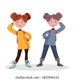 Childrens Day. Vector illustration of a smiling girl with a backpack. Cute school child goes to school, kindergarten. Schoolgirl with backpack isolated on white