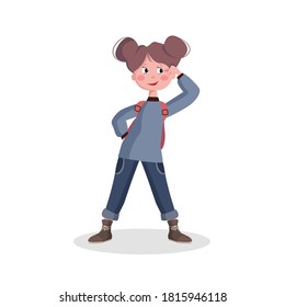Childrens Day. Vector illustration of a smiling girl with a backpack. Cute school child goes to school, kindergarten. Schoolgirl with backpack isolated on white
