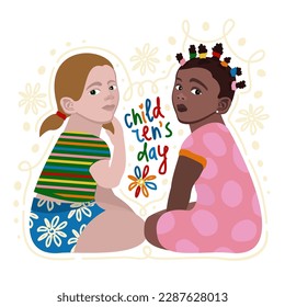 Children's Day. Vector isolated illustration of two little girls sitting and playing together.