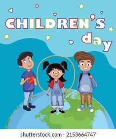 Children's Day. Vector stock illustration. Blue background with earth. The children gathered together for the holiday. Cartoon