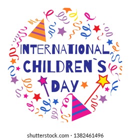 Childrens day vector template with confetti, magic stick and hat. Doodle style. 