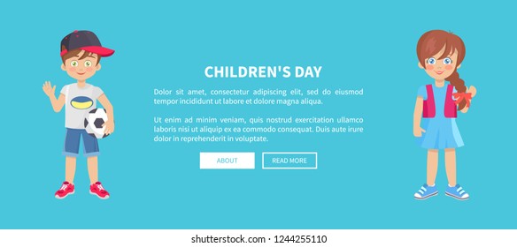 Childrens day web banner with playful boy and girl isolated on blue background. Happy schoolboy with ball schoolgirl in cartoon style