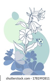 Children's decorative banner. Bell flower and ladybug. Hand-drawn illustration in gray-blue tones on a white background. Vector graphics.