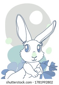  Children's decorative banner with a bunny. Hand-drawn illustration in gray-blue tones on a white background. Vector graphics.