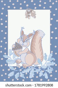  
Children's decorative card with a squirrel and acorn. Hand-drawn illustration in gray-blue tones on a white background. Vector graphics.
