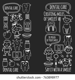 Children's denistry School, kindergarten, nursery kids with healty teeth. Smiles, toothbrushes, medicine Happy boys and girls Dental treatment without pain