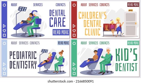 Childrens Dental Clinic With Happy Patients And Doctors, Landing Pages Set, Flat Vector Illustration. Banner With Kids In Dentists Chair During Examination And Treatment. Medical Help And Healthcare.